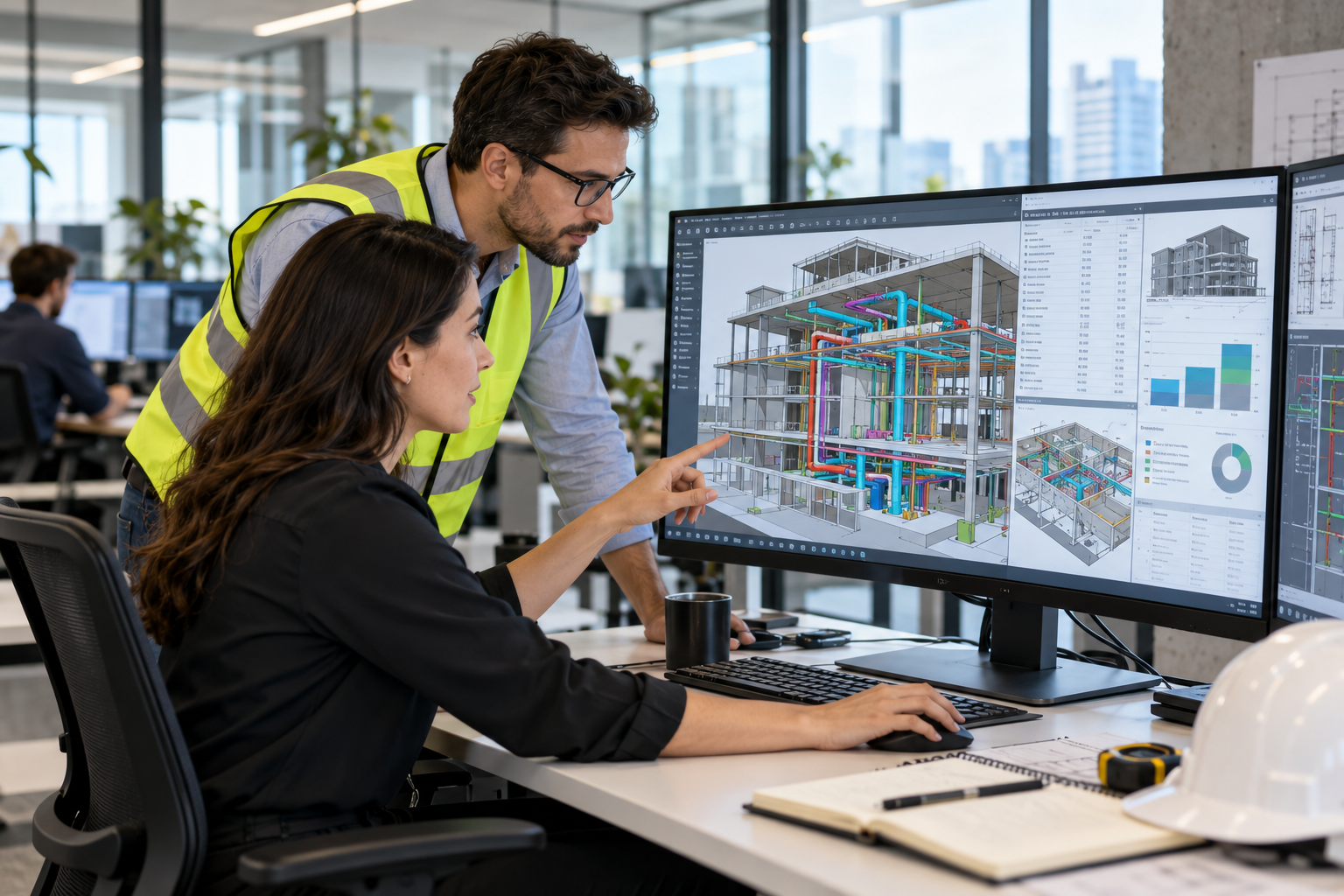 BIM coordinator and MEP engineer reviewing a coordinated building model