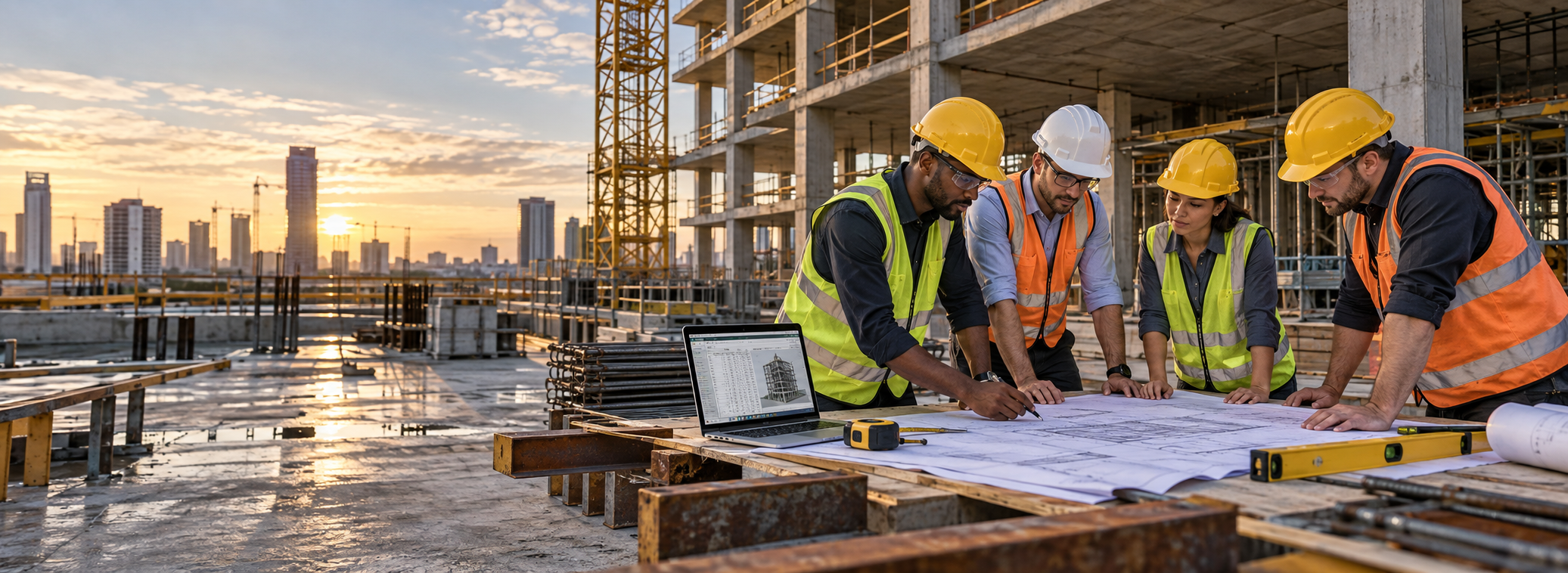 Construction estimators reviewing plans at an active building site