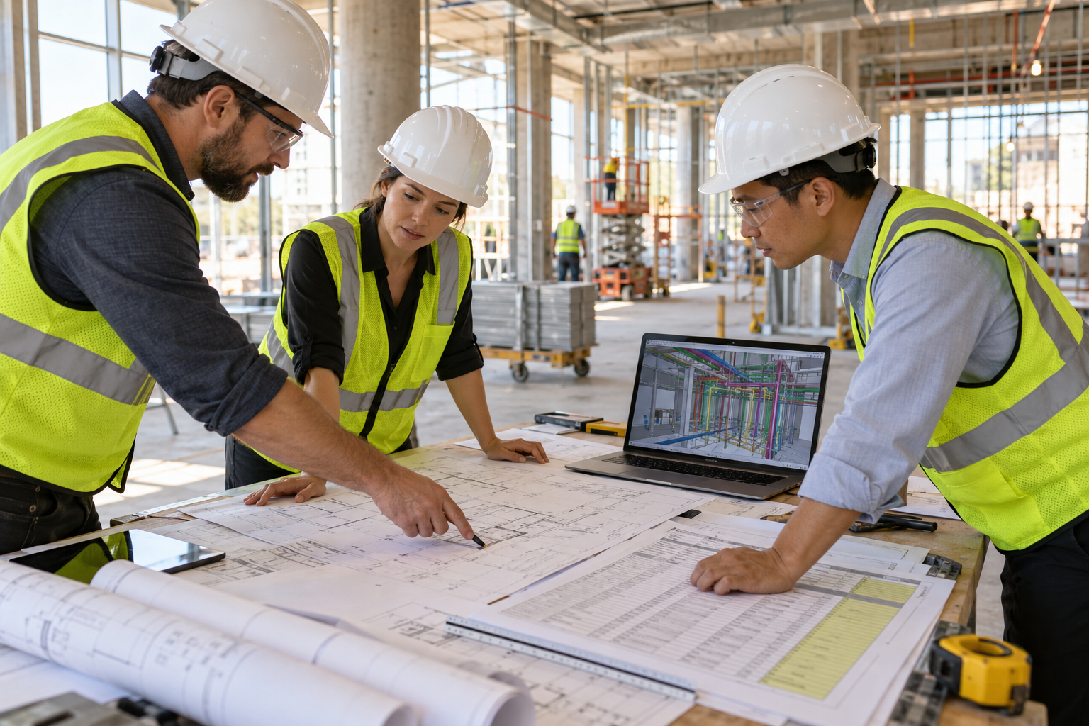 Architects and engineers coordinating plans and a BIM model