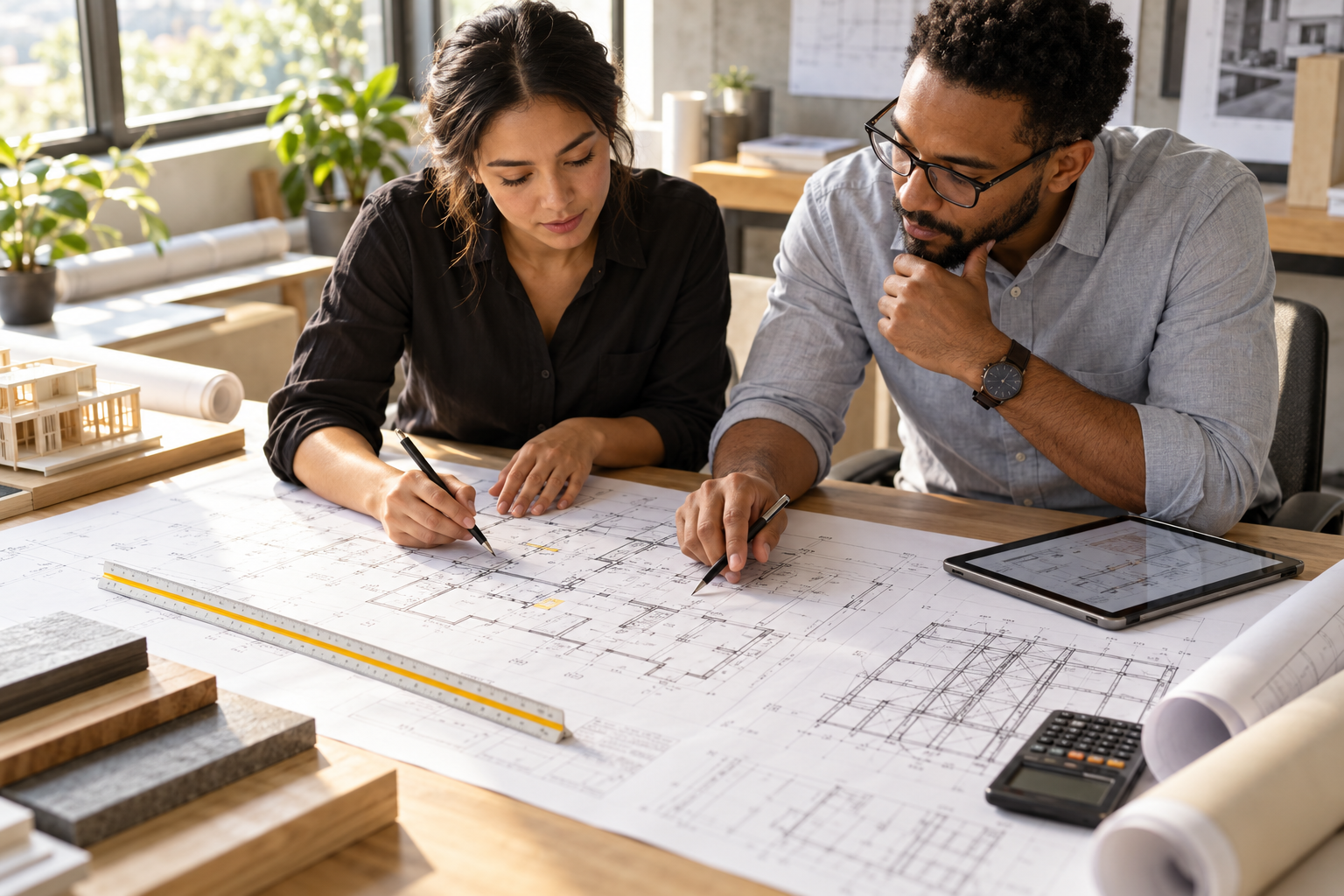 Architect and structural engineer reviewing coordinated project plans