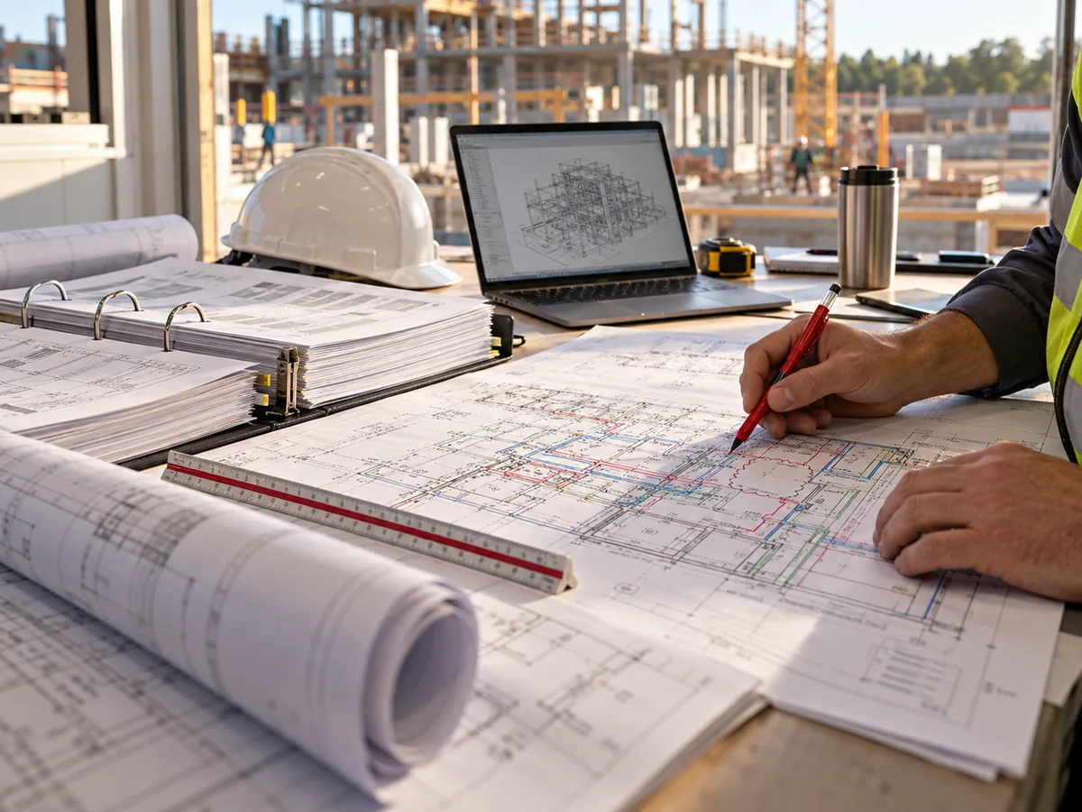 Construction documents, laptop and safety equipment